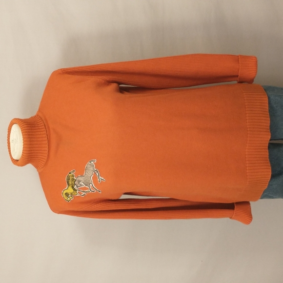 Leather Elbow Patches & Horse Applique Vintage Turtleneck Sweater Muted Pumpkin - Picture 4 of 10
